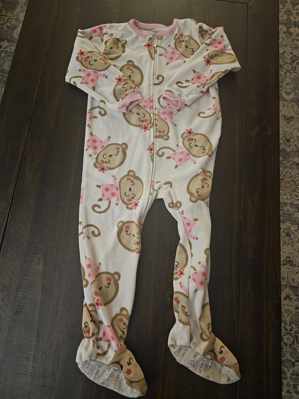 Girls' Pink Monkey Print Footed One-Piece Pajamas